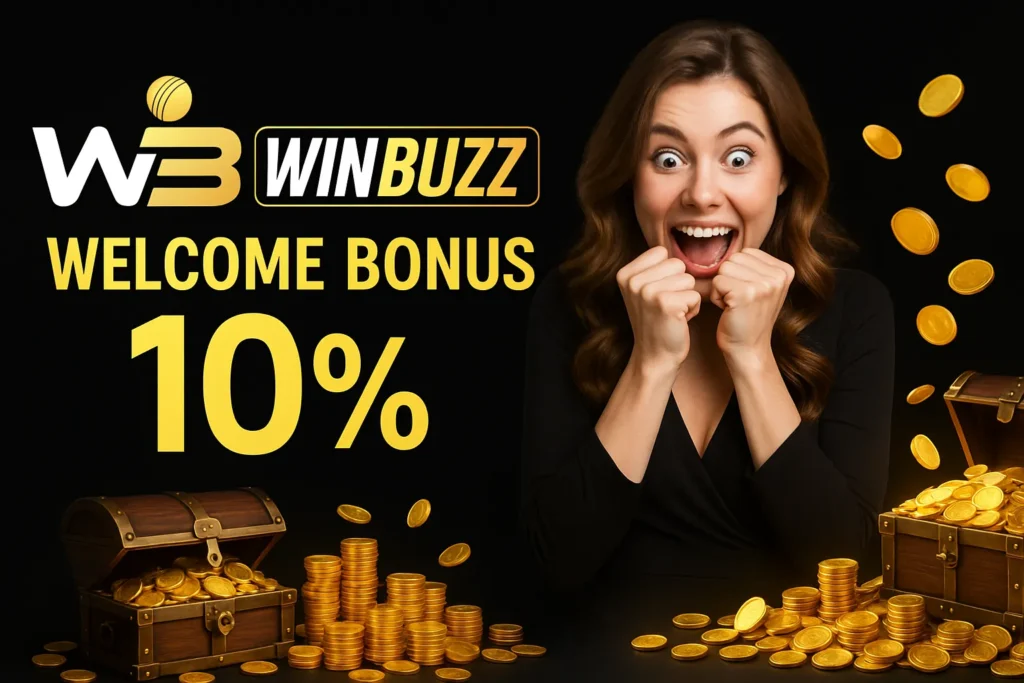 Excited woman with greedy expression promoting WinBuzz 10% bonus.