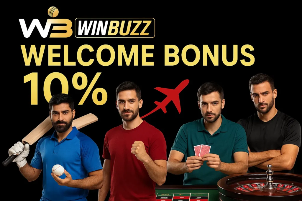 Male players representing cricket, casino, and Aviator promoting WinBuzz bonus.