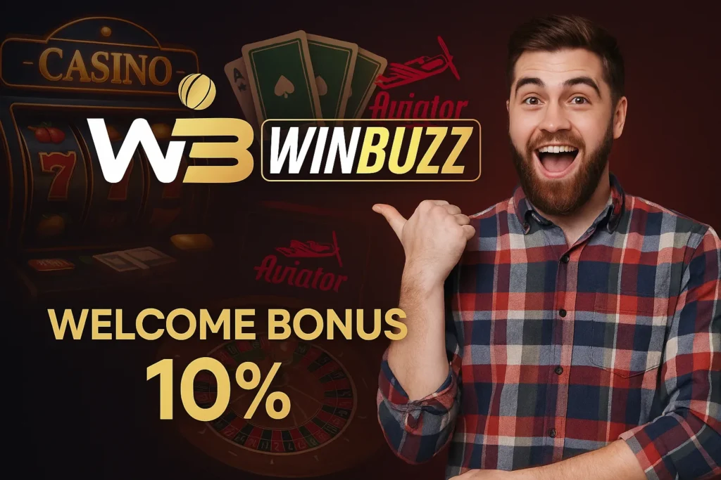 WinBuzz promo with excited player and 10% bonus offer.