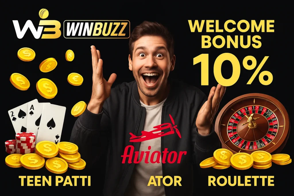 Excited male player promoting WinBuzz 10% welcome bonus.