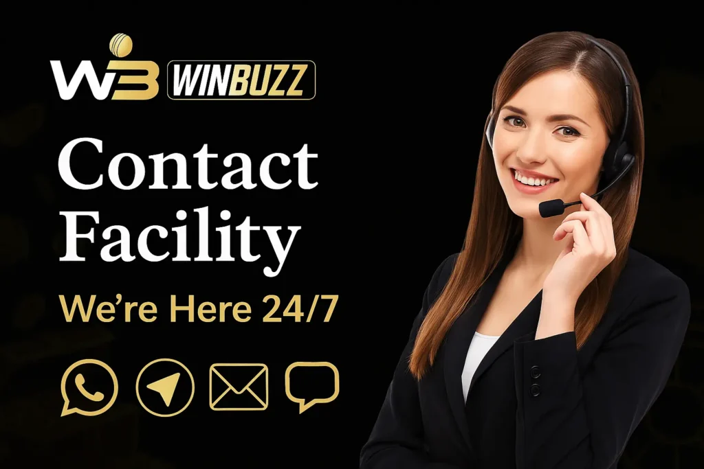 WinBuzz contact banner with support woman, headset, and chat icons.