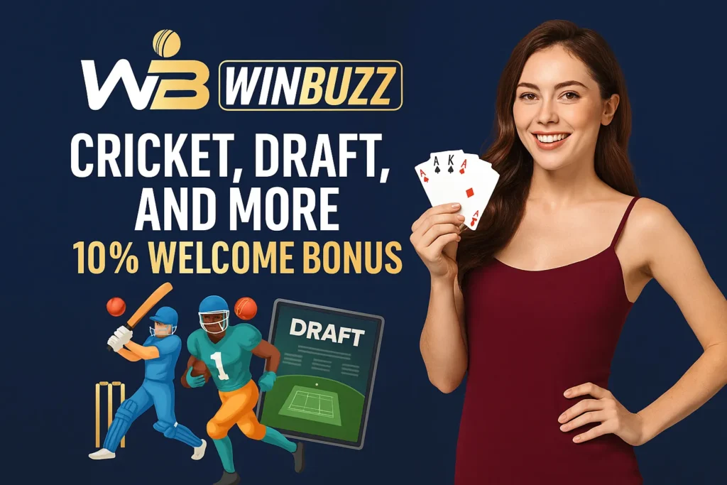 WinBuzz promo featuring cricket, draft, and casino with 10% bonus.