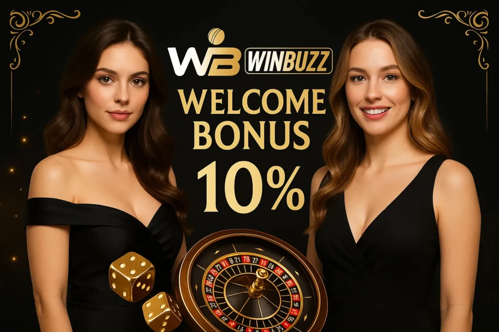 WinBuzz 10% welcome bonus with two elegant women and roulette