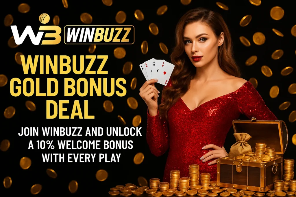 WinBuzz woman in red dress holding cards with gold coins and treasure chest.