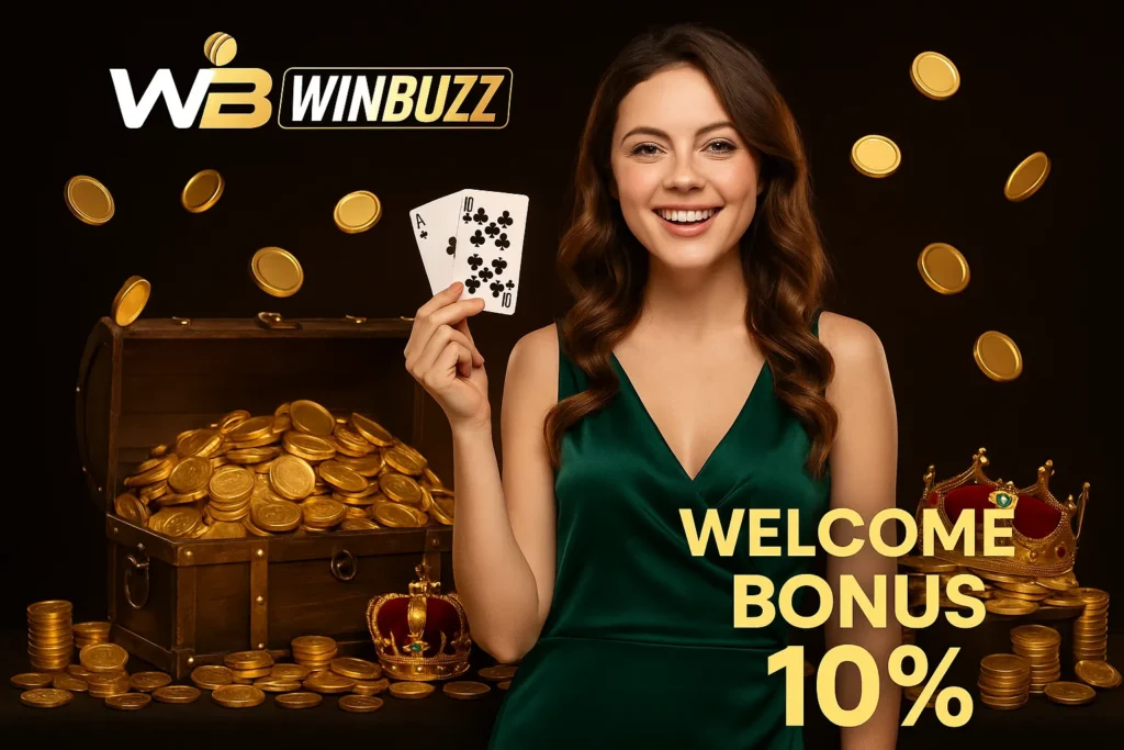 WinBuzz girl holding playing cards with treasure chest and gold coins.