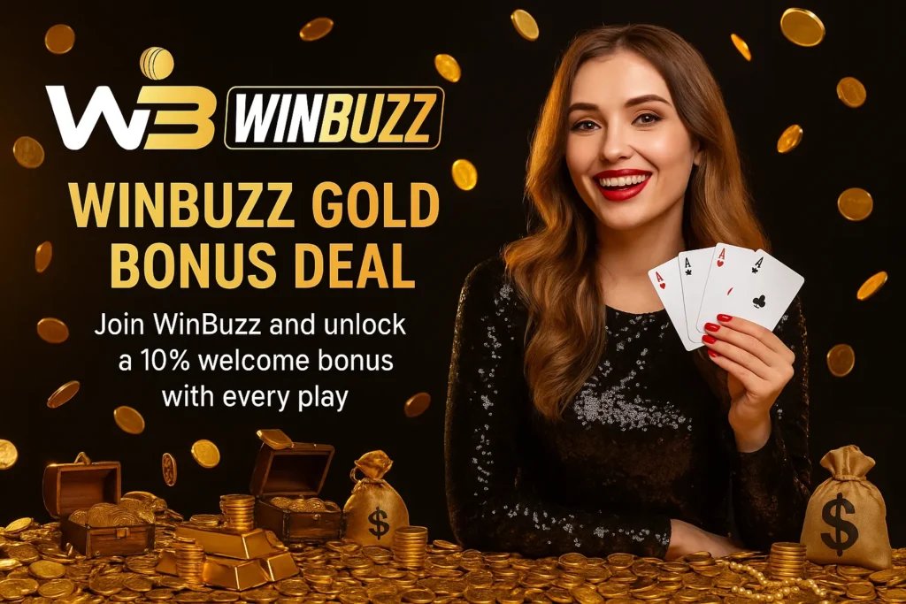 WinBuzz woman holding aces surrounded by gold coins and treasure.