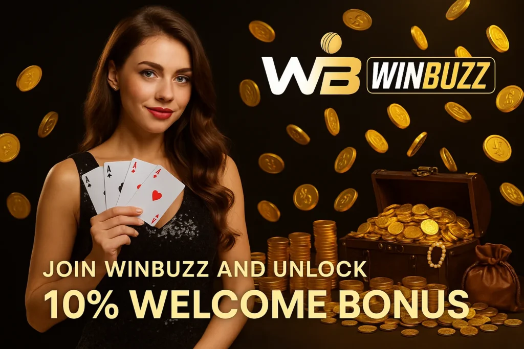 WinBuzz girl holding four aces with gold coins and treasure chest background.