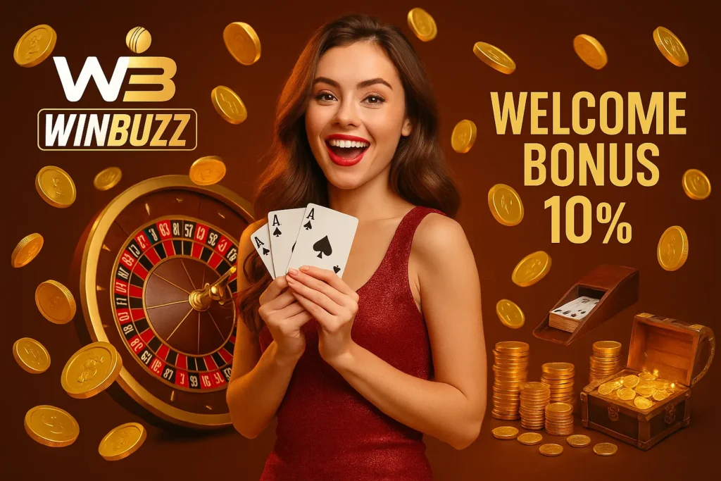 WinBuzz woman in red dress holding aces with roulette wheel and gold coins.