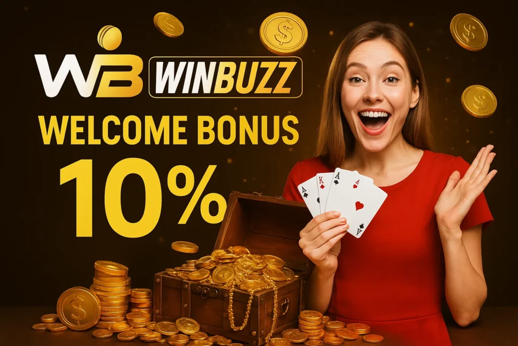 WinBuzz promo with an excited woman holding cards beside gold coins and treasure.