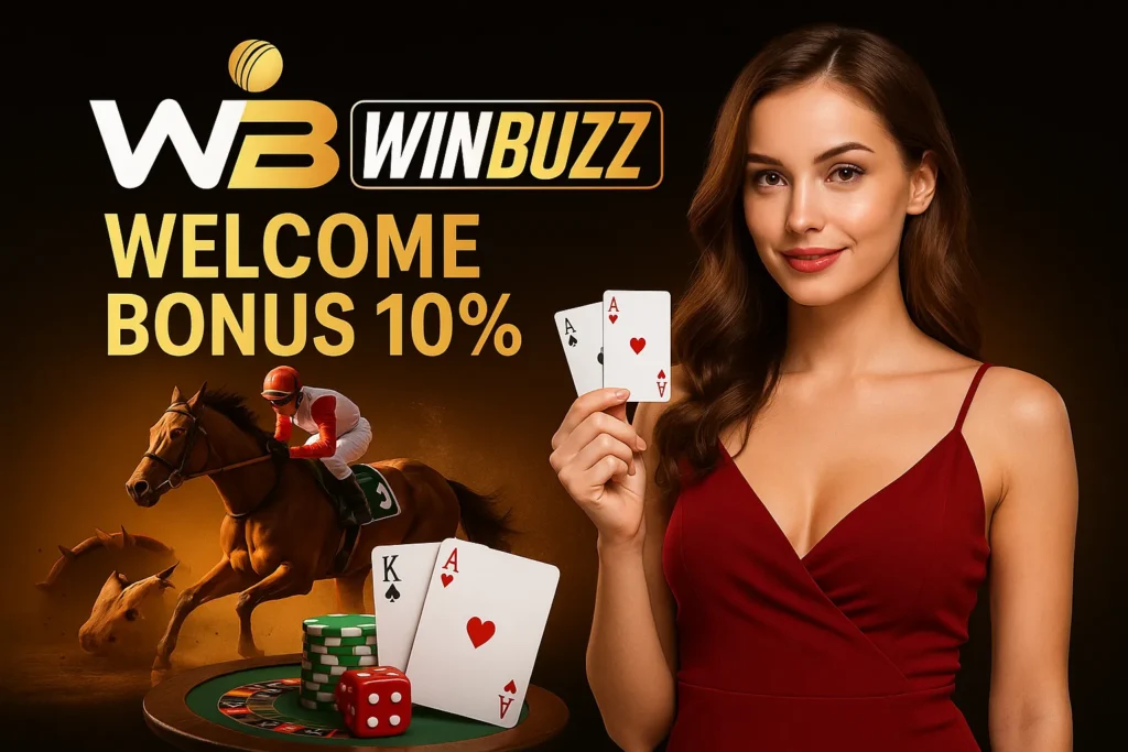 WinBuzz promo featuring woman with cards, horse racing, and poker visuals.