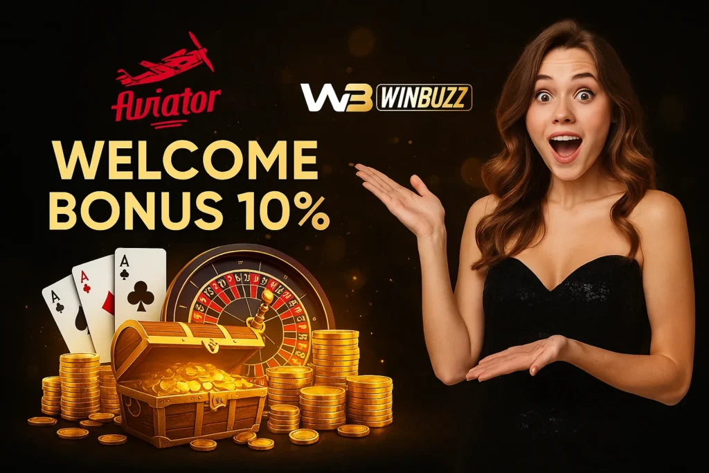 Inviting woman in black dress promoting WinBuzz 10% bonus.
