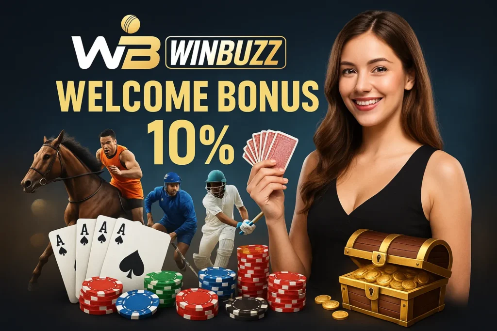 WinBuzz promo featuring woman with cards, horse racing, and poker visuals.