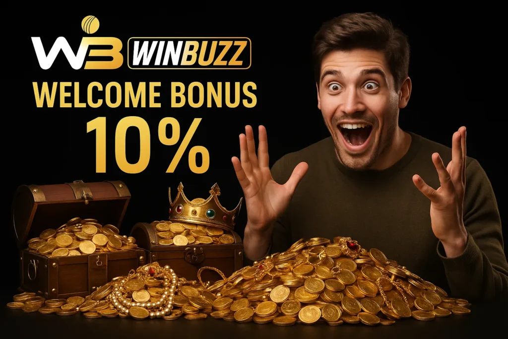 Excited young man surrounded by gold promoting WinBuzz 10% bonus.