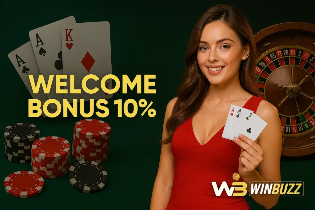 WinBuzz promo girl in red dress holding cards with casino and roulette background, showing “Welcome Bonus 10%”.