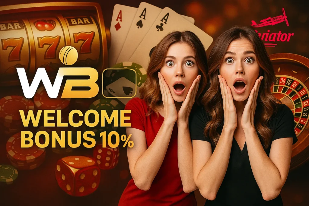 Two shocked women in WinBuzz casino promo banner with 10% bonus.