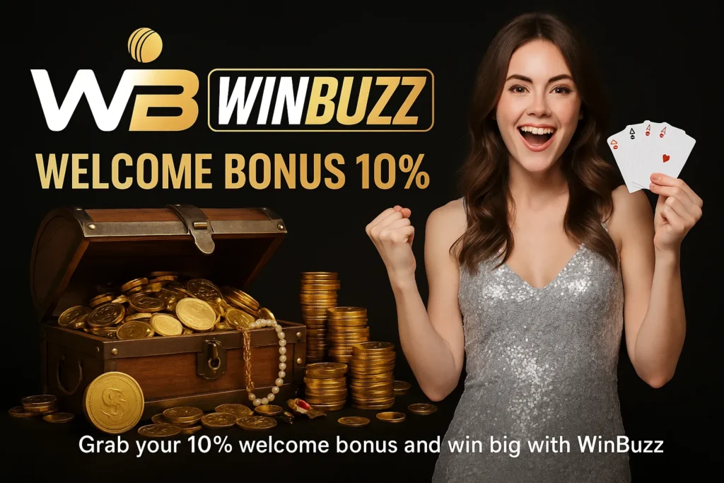 WinBuzz promo featuring a woman in a silver dress with cards and gold treasures.