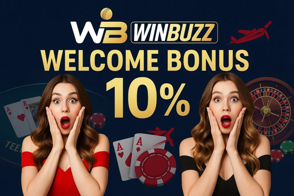 WinBuzz casino promo with two shocked women and 10% bonus offer.