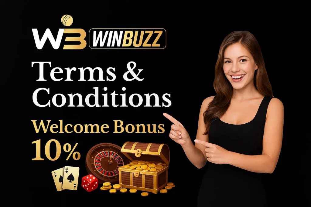 WinBuzz Terms & Conditions banner with smiling woman, cards, roulette, and treasure chest.
