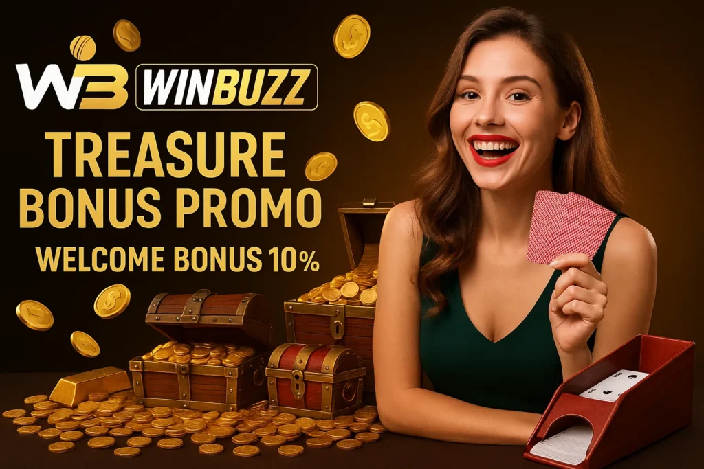WinBuzz woman smiling with cards and treasure chests full of gold coins.