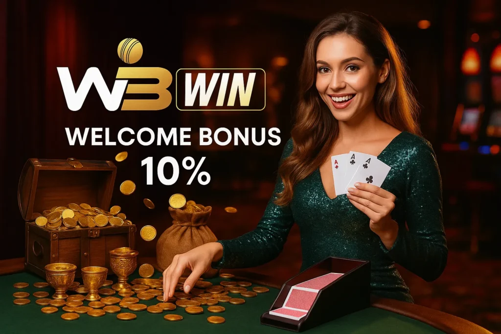 WinBuzz promo featuring a smiling woman holding cards with gold coins and treasure.