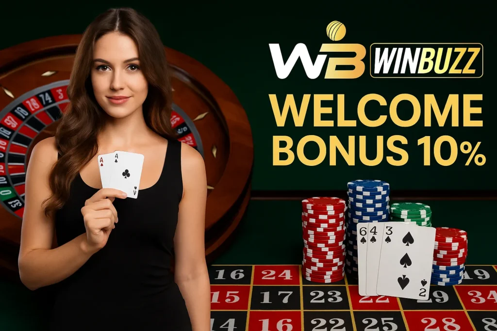 WinBuzz promo girl in black dress holding cards with roulette and poker chips, showing “Welcome Bonus 10%”.