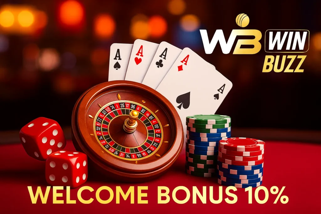 WinBuzz casino promotional image featuring roulette, cards, and “Welcome Bonus 10%”.