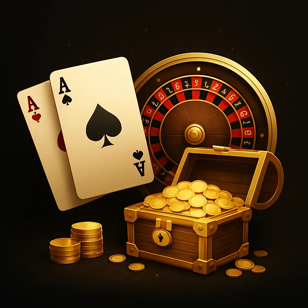 Black and gold casino background with cards, coins, dice, and roulette wheel.