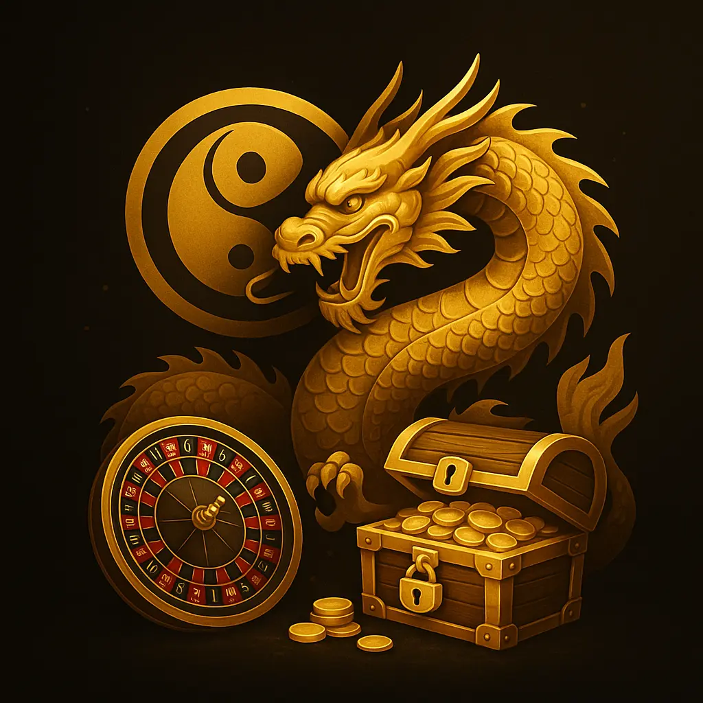 Golden dragon with roulette wheel and treasure chest in black-gold theme.