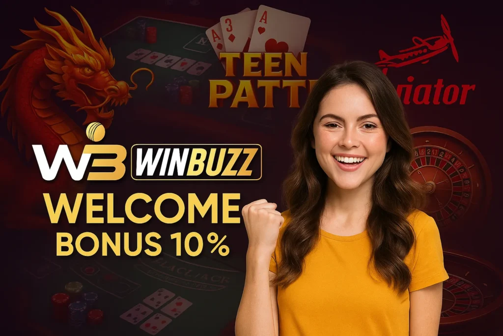 WinBuzz promo with dragon, casino, Teen Patti, Aviator, and player.