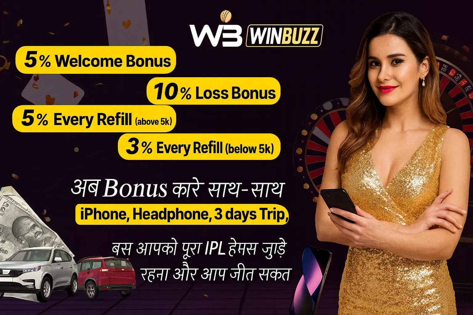 WinBuzz bonus banner with offers, woman in red dress, and casino background.