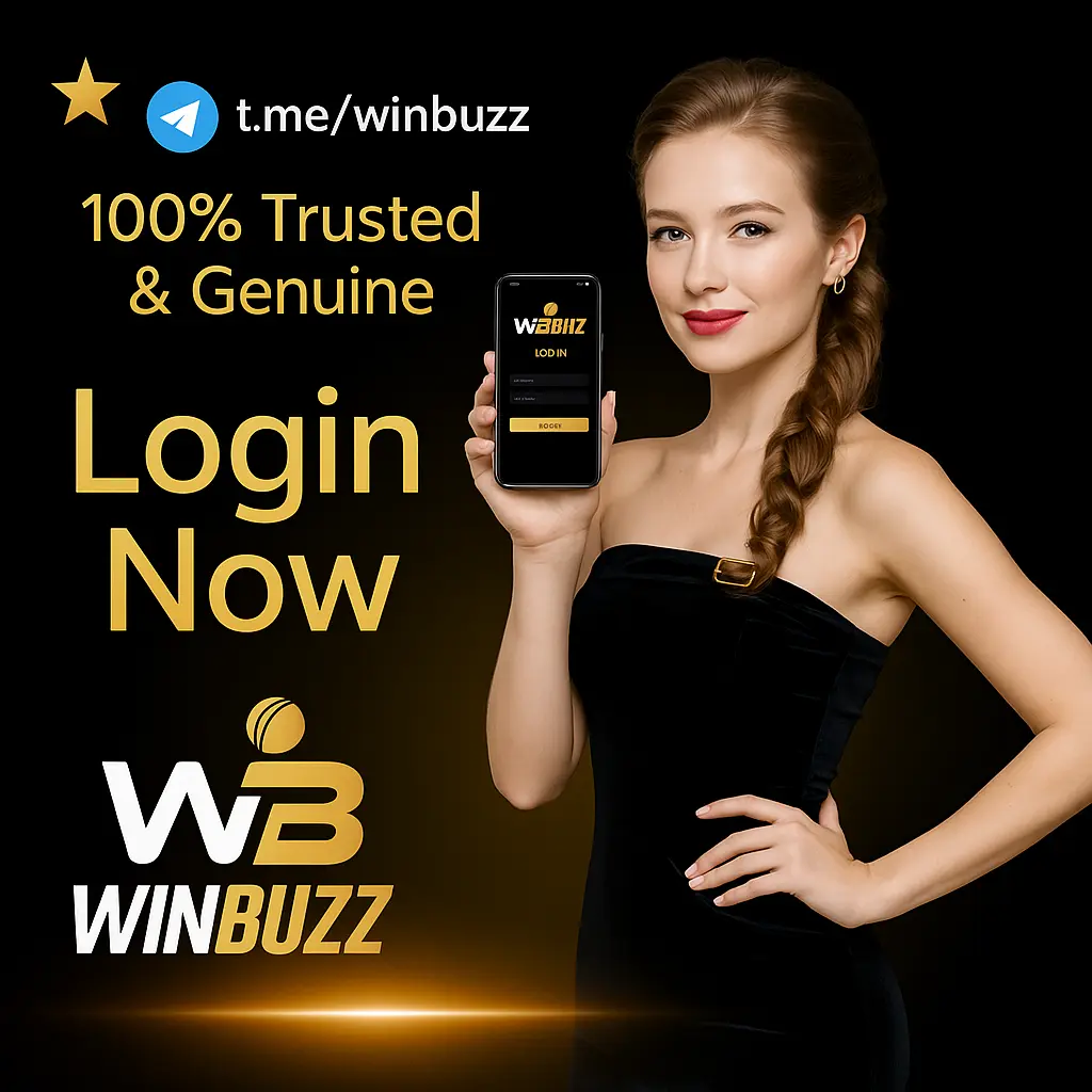 WinBuzz login banner with woman holding phone showing login screen.