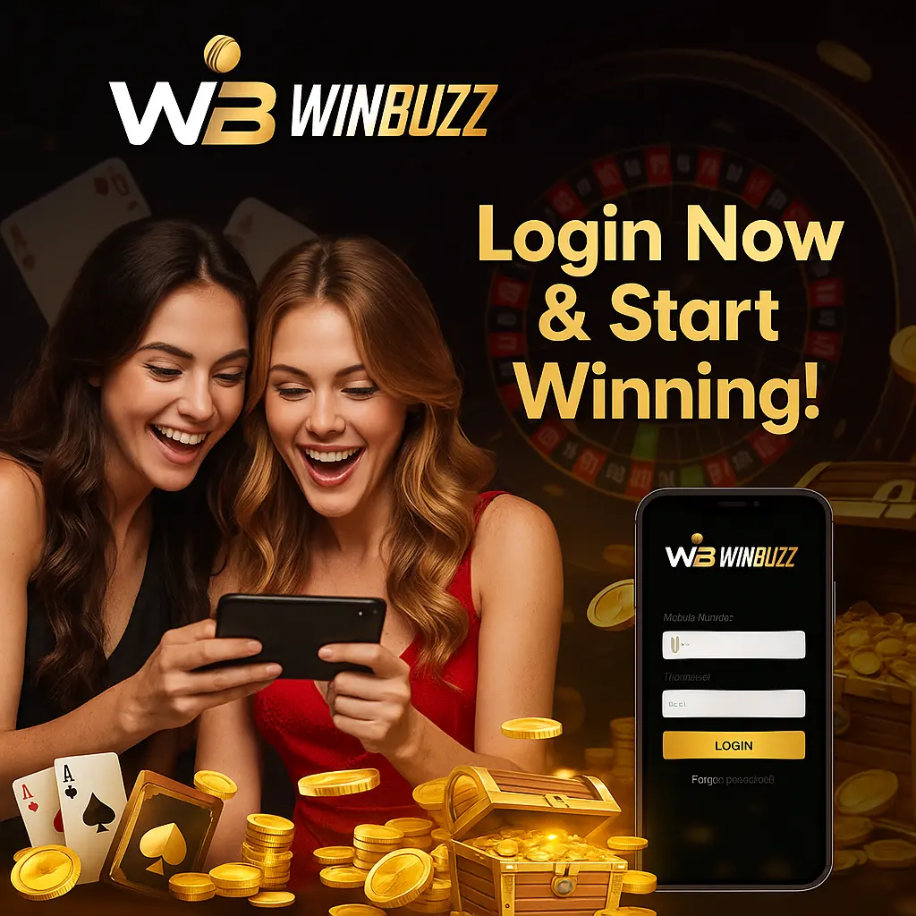 Two women playing WinBuzz casino game with login screen and gold theme.