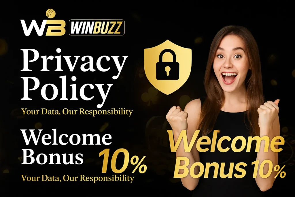 WinBuzz privacy policy banner with happy woman, lock icon, and 10% welcome bonus.