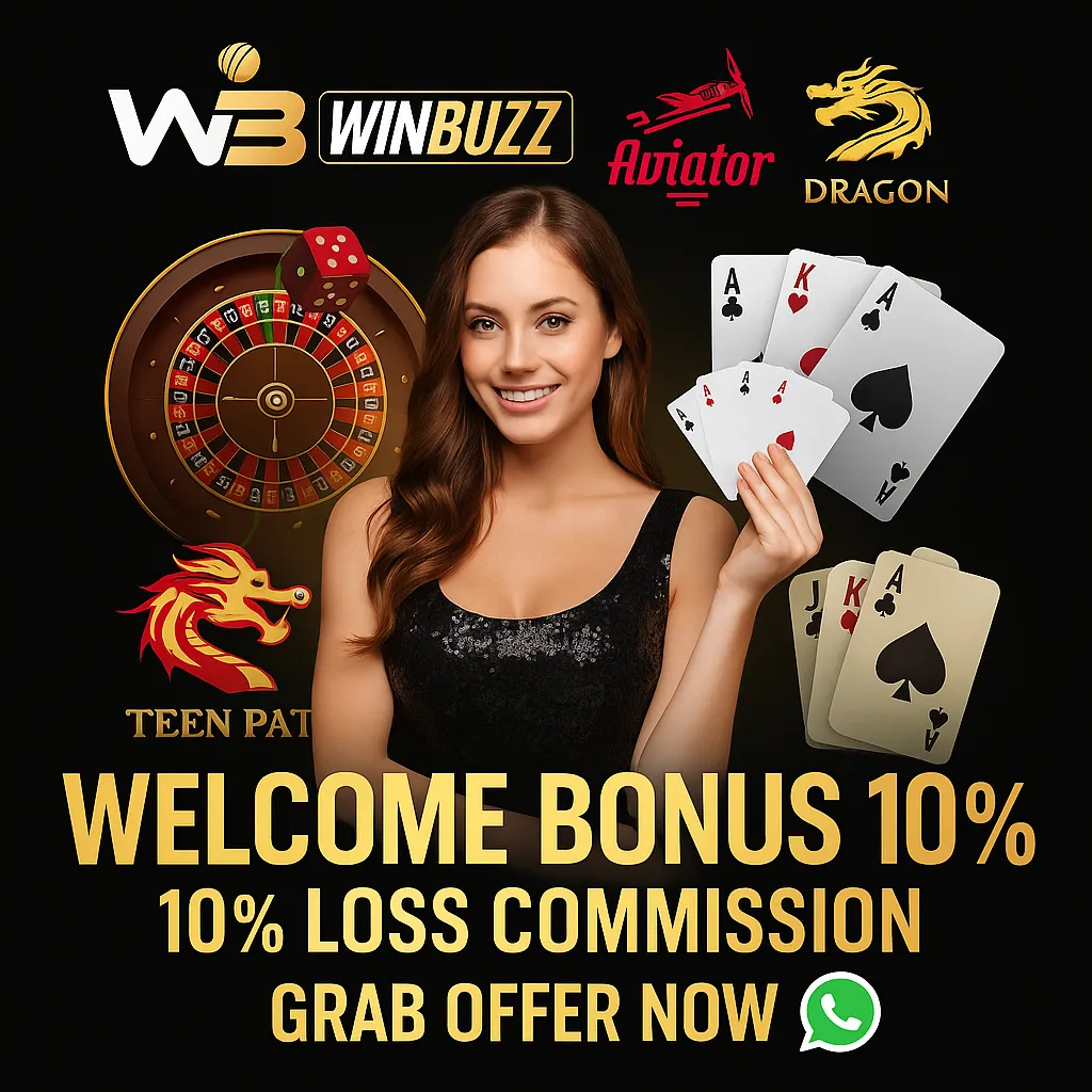 WinBuzz promo with casino girl, welcome bonus 10%, and WhatsApp offer.