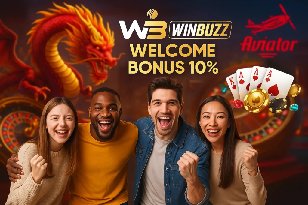 WinBuzz promo with dragon, casino, and happy players.