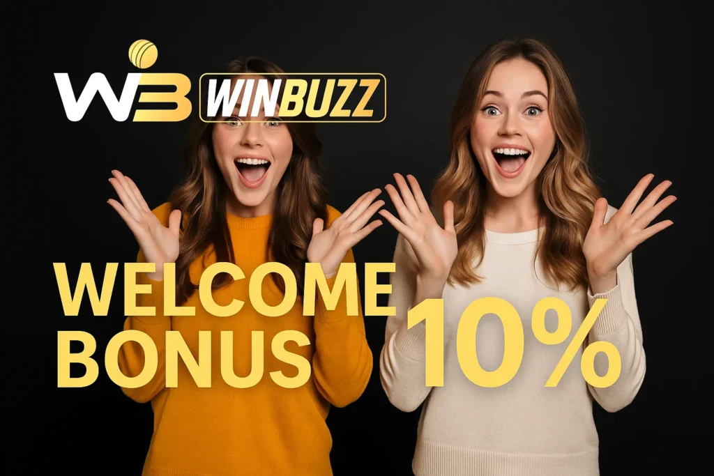 Two excited promo girls promoting WinBuzz’s “Welcome Bonus 10%” offer with bright smiles.