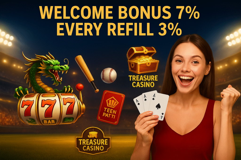 Treasure Casino promo with dragon slot “777”, Teen Patti card, gold chest, and a cheering woman holding cards; headline shows “Welcome Bonus 7%” and “Every Refill 3%”.