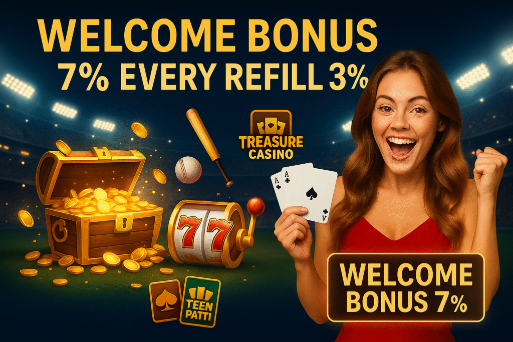 Treasure Casino / Teen Patti promo with coin chest, slot “777”, cards, and a happy woman; text highlights 7% welcome bonus and 3% refill bonus.