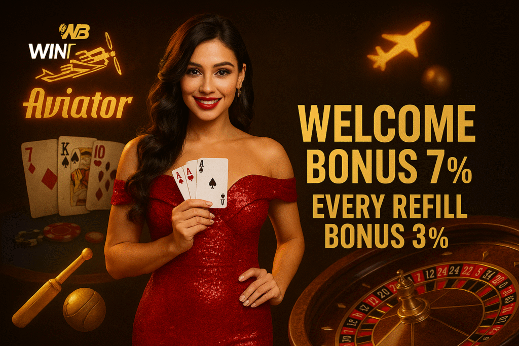 WinBuzz Aviator promo with a woman in red holding cards, casino elements, and 7% welcome plus 3% refill bonus text.