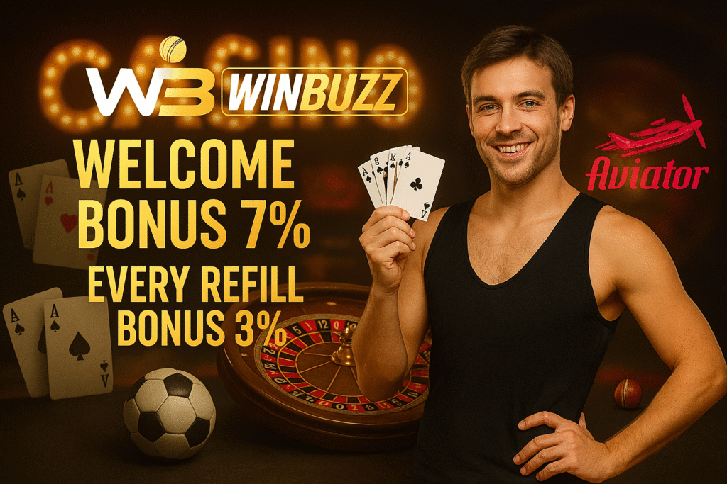 WinBuzz Aviator promo banner with a smiling man holding playing cards, roulette background, and bonus offers in gold.