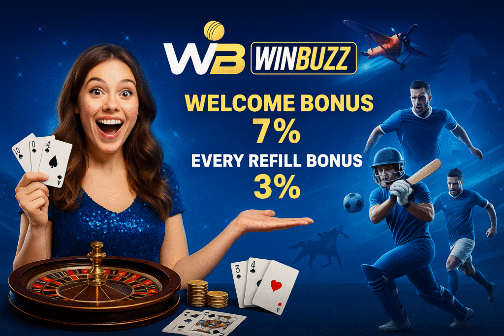 Blue WinBuzz promo banner with excited girl holding cards, casino + teen patti vibes, aviator plane, and sports players with bonus text.