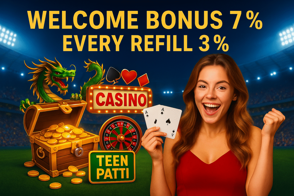 WinBuzz-style casino promo with dragon, coin chest, roulette wheel, Teen Patti sign, and a cheering woman holding cards; text shows 7% welcome bonus and 3% refill bonus.