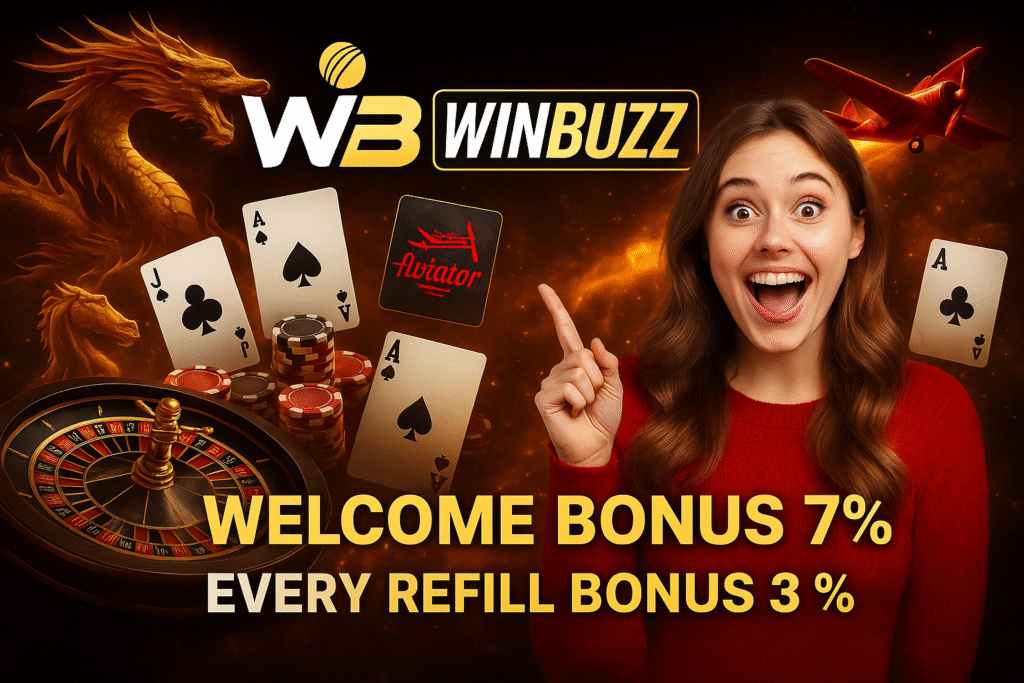 WinBuzz banner with excited promo girl, dragon game vibe, roulette wheel, blackjack cards, aviator plane, and bonus offers.