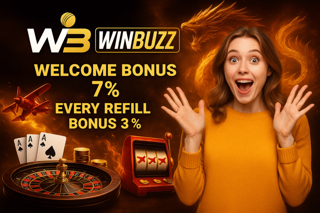 WinBuzz promo banner with excited girl, dragon game vibe, roulette, blackjack cards, aviator plane and casino elements showing bonus offers.