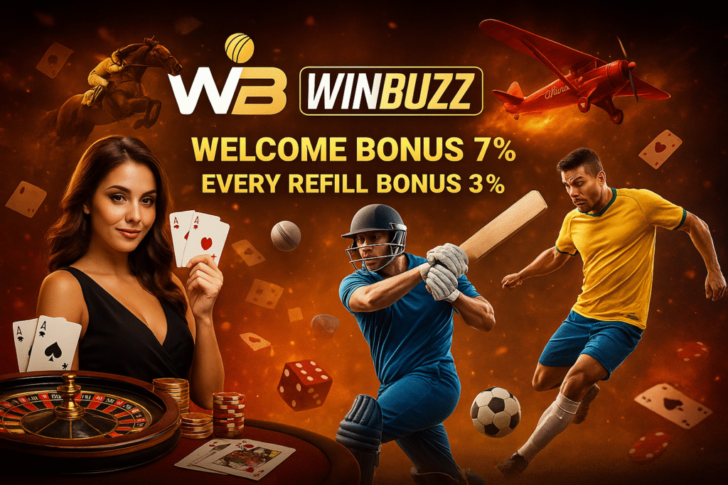 WinBuzz promo banner with casino/teen patti cards, roulette, aviator plane, and cricket & football players, showing bonus offers.