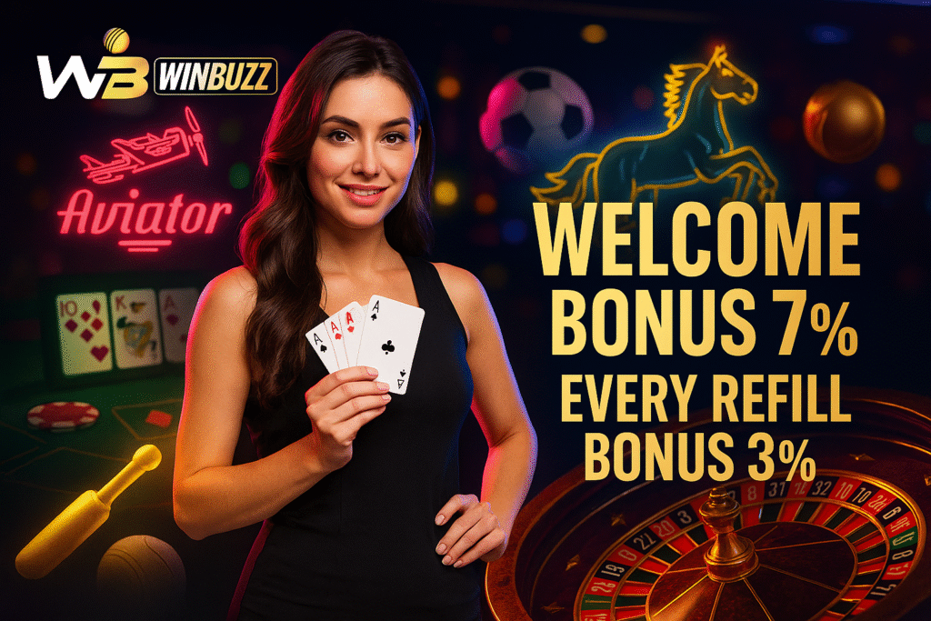 WinBuzz Aviator banner with a woman holding cards, neon casino icons, and bonus offers.