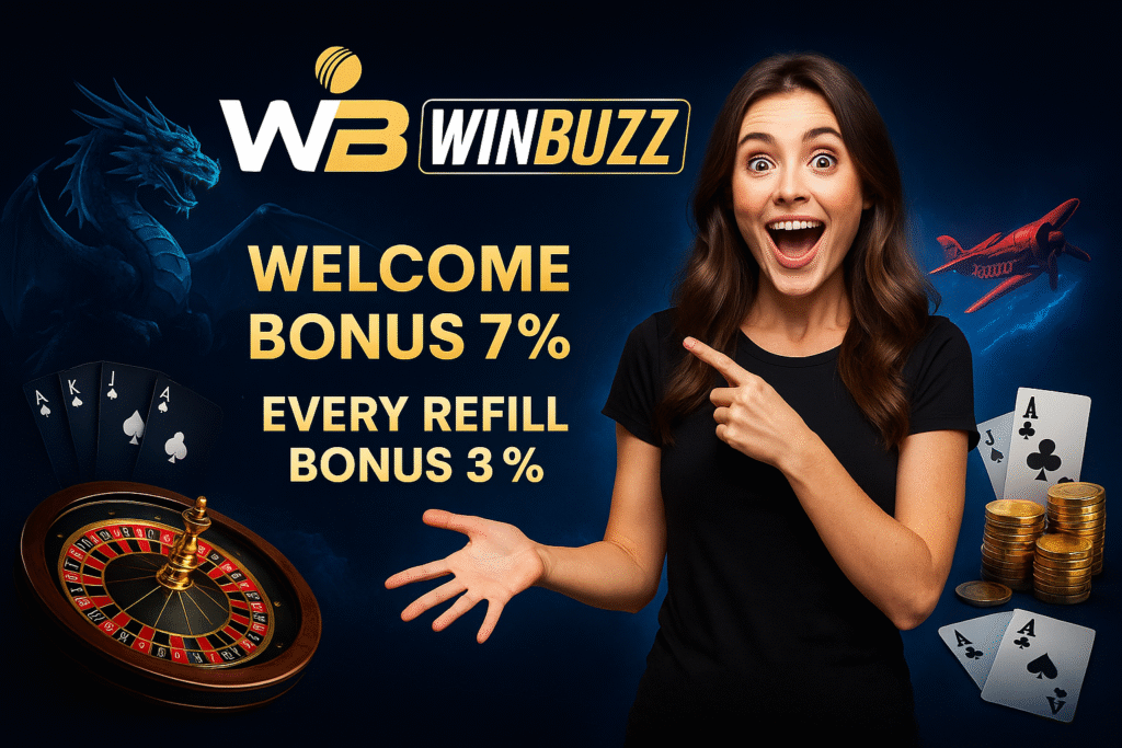 Black-blue WinBuzz promo with excited girl, dragon game vibe, roulette wheel, blackjack cards, aviator plane, and bonus offers.