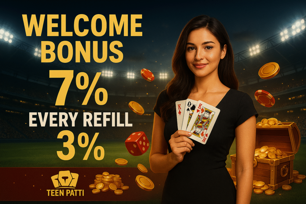 WinBuzz promo with a woman holding cards, roulette, chips, and icons, showing 7% welcome bonus and 3% refill bonus.