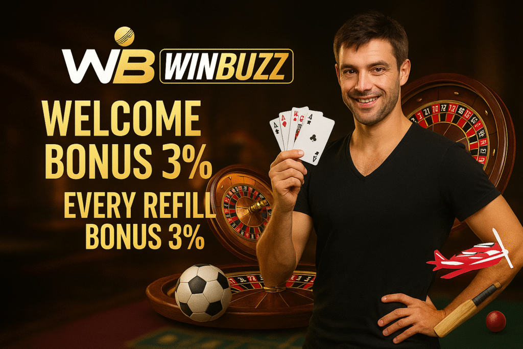 WinBuzz promo with a smiling man holding cards, roulette tables, and 3% bonus text.