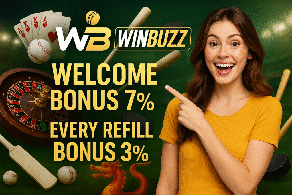 WINBUZZ promo with happy girl, casino and sports games background, Welcome 7% + Refill 3%.